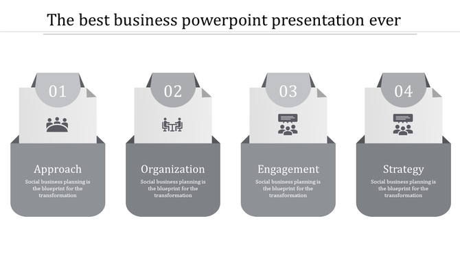 Business slide with four numbered gray panels featuring icons and descriptions for various planning steps.