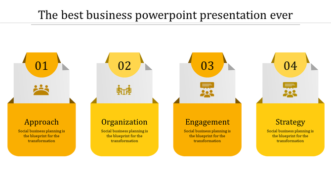 Business PowerPoint slide with four steps from Approach to Strategy, each with a yellow icon and description.