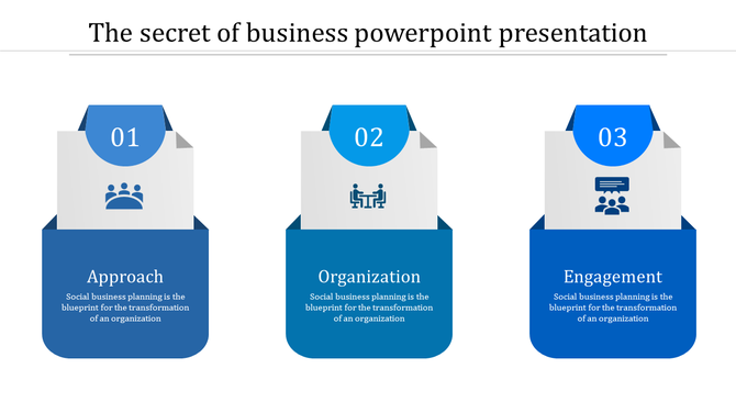 Business-themed slide with three blue sections each with an icon and caption area placed in a white background.