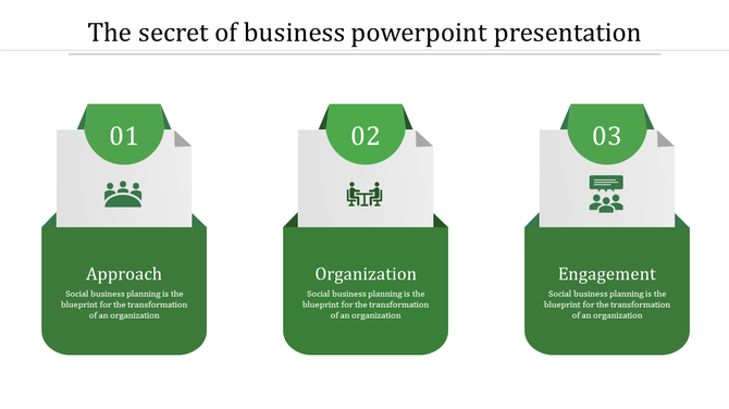 Green business slide with Approach, Organization, and Engagement, each with an icon and description.