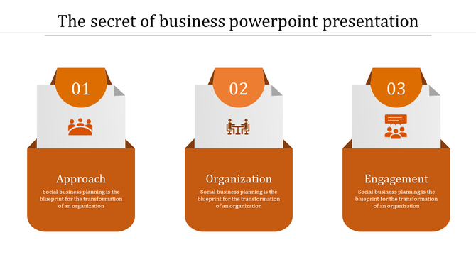 Business PowerPoint template with sections for approach, organization, and engagement, with icons and orange text labels.