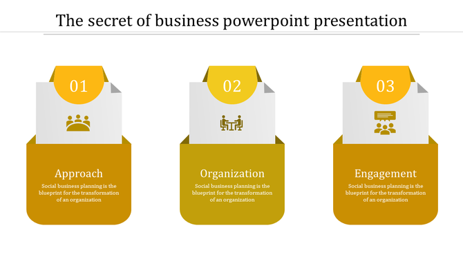 Business PowerPoint template with sections for approach, organization, and engagement, with icons and yellow text labels.