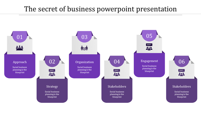 Design showcasing six segments focusing on key business aspects, highlighted in purple with caption areas.