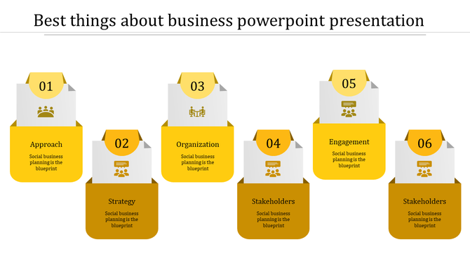 Colorful business PowerPoint slide featuring yellow icons from approach to stakeholders with descriptions.