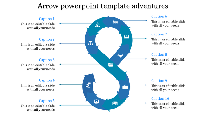 Infinity loop blue arrow diagram with ten captions linked to icons, illustrating continuous workflow stages.