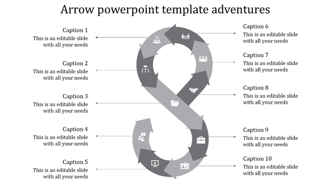 PowerPoint template with arrows pointing in a circular flow, featuring various grey icons with captions.
