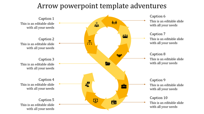PowerPoint template with arrows pointing in a circular flow, featuring various yellow icons with captions.