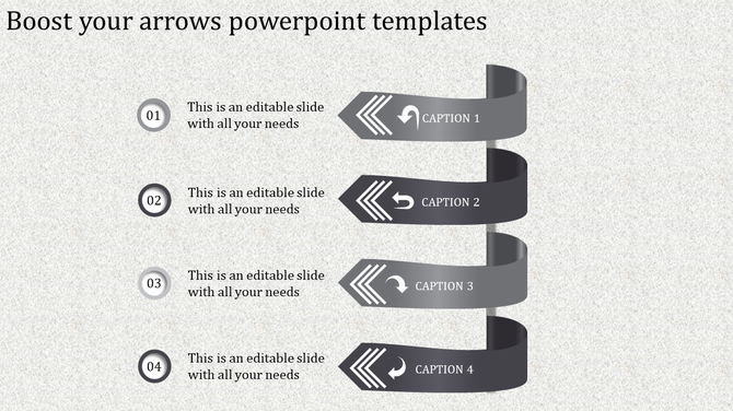 PowerPoint template with four grey arrows pointing in different directions, representing steps in a process with captions.
