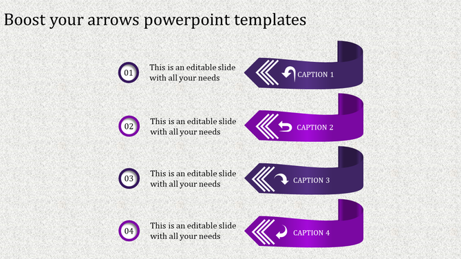 PowerPoint slide with four arrows in purple tones, each representing a different step in a process, with captions.