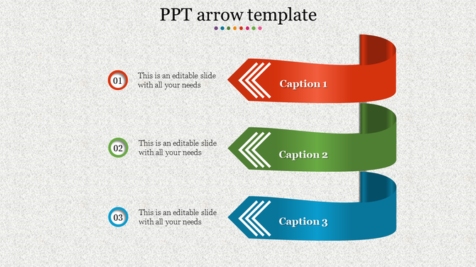 Three step curved arrow template in red, green, and blue with numbered markers and captions areas.