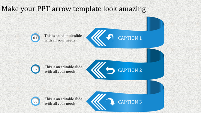 PowerPoint slide featuring three blue arrows with captions and placeholder text.
