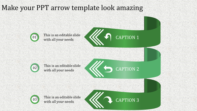 Three green ribbon arrows with numbered circles and placeholder text areas placed in white background.