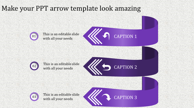 PowerPoint slide featuring three purple arrows with captions and placeholder text.