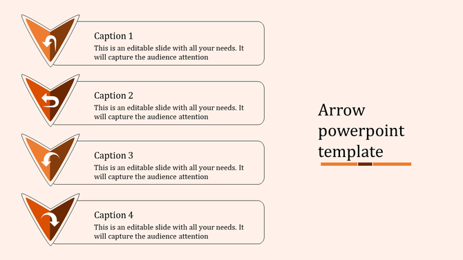 Arrow PowerPoint template featuring four orange arrows with captions and placeholder text.