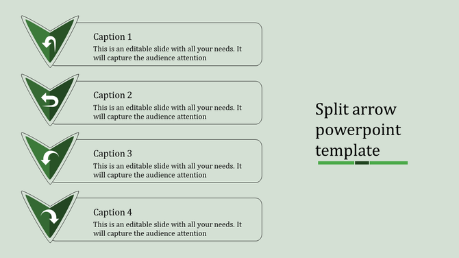 Green split arrow PowerPoint template with caption placeholders.