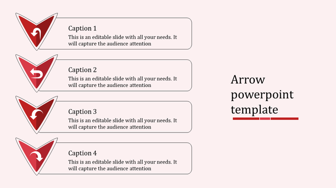 Vertical layout with four red arrow shapes pointing down, each paired with rectangular text boxes on a light background.