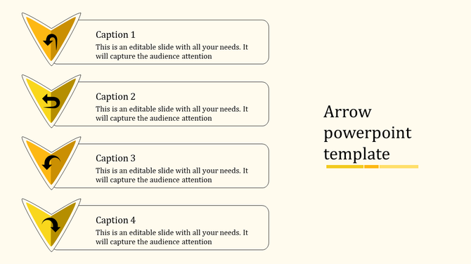 Four yellow arrows with captions and placeholders arranged vertically for descriptions labeled with four captions.