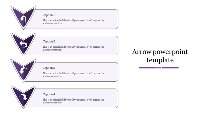 Purple split arrow PowerPoint template with caption placeholders.