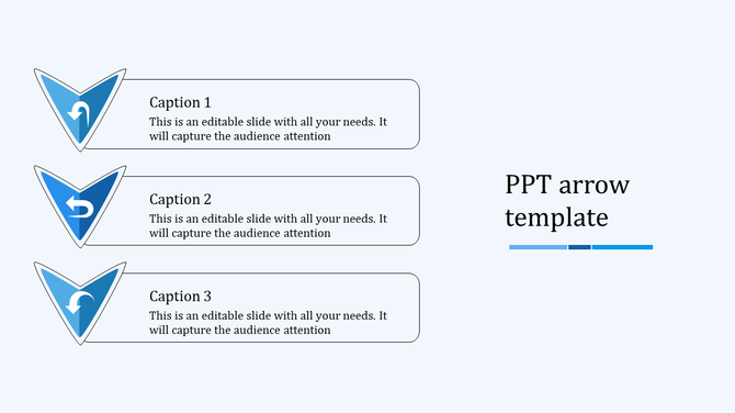 Blue gradient arrows with circular icons pointing left, aligned with captions areas in rectangular boxes.