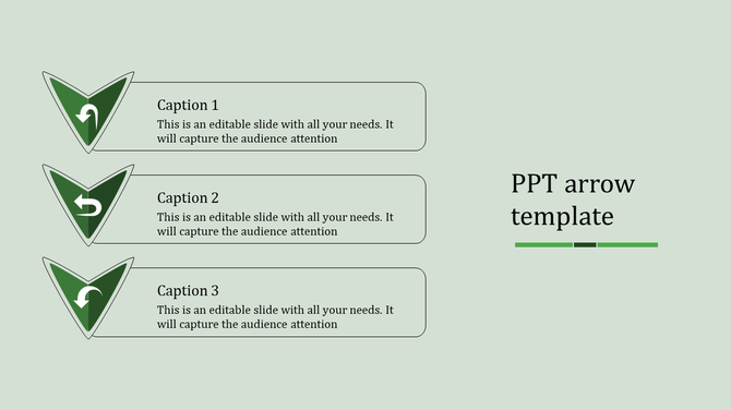 Arrows PowerPoint template with three caption boxes with placeholder text on a green background.
