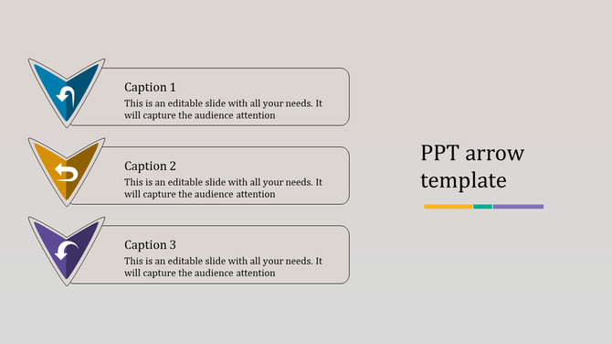 Three level split arrow design in blue, yellow, and purple with text boxes for captions beside each arrow.