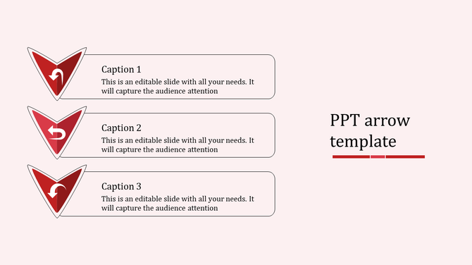 PPT template featuring three red arrows with captions for each, symbolizing progression or flow with placeholder text.