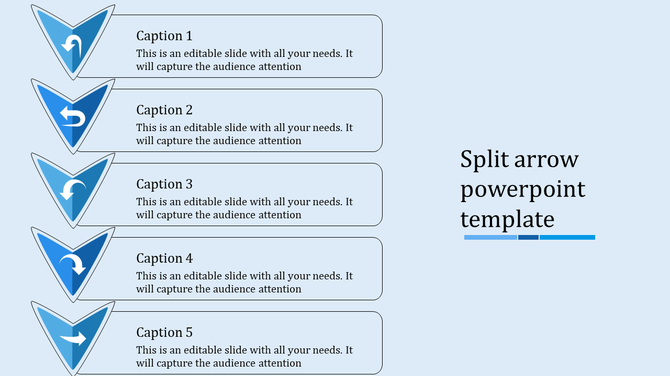 Five blue split arrows in a vertical sequence, each paired with a text box for descriptive captions.