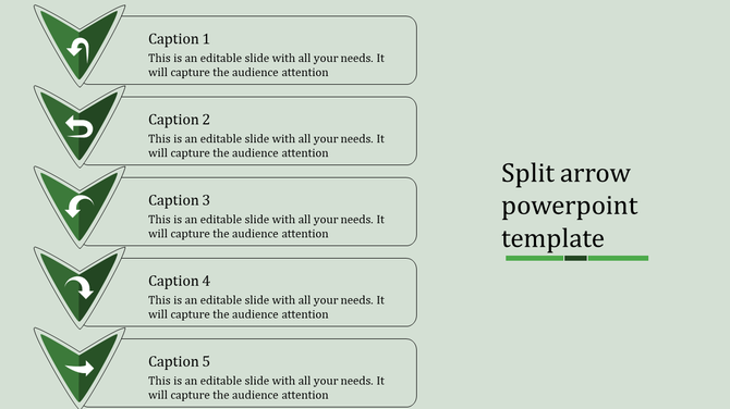 Green split arrow PowerPoint template with five captions and placeholder text.