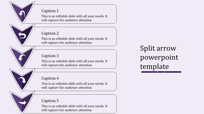 PowerPoint slide featuring five purple arrows with text boxes for captions.