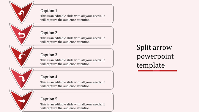 Red split arrow template featuring five downward arrows with circular icons and text boxes for captions.