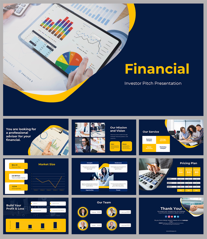 Financial pitch slide deck with charts, pie graphs, SWOT analysis, pricing plans, and mission and vision statements.