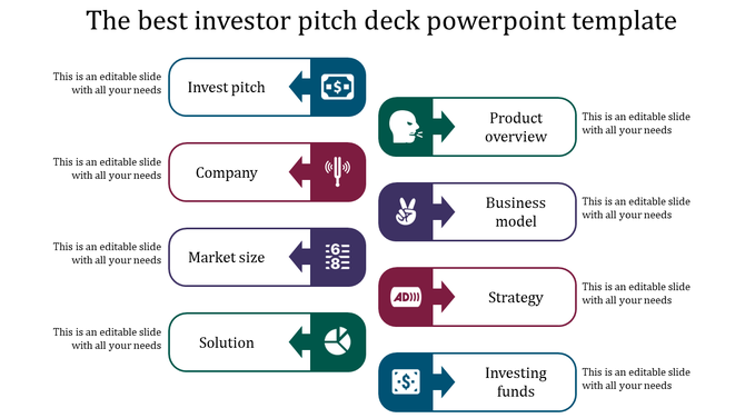 Investor pitch process slide with alternating colored rectangles and arrows, highlighting eight key steps.