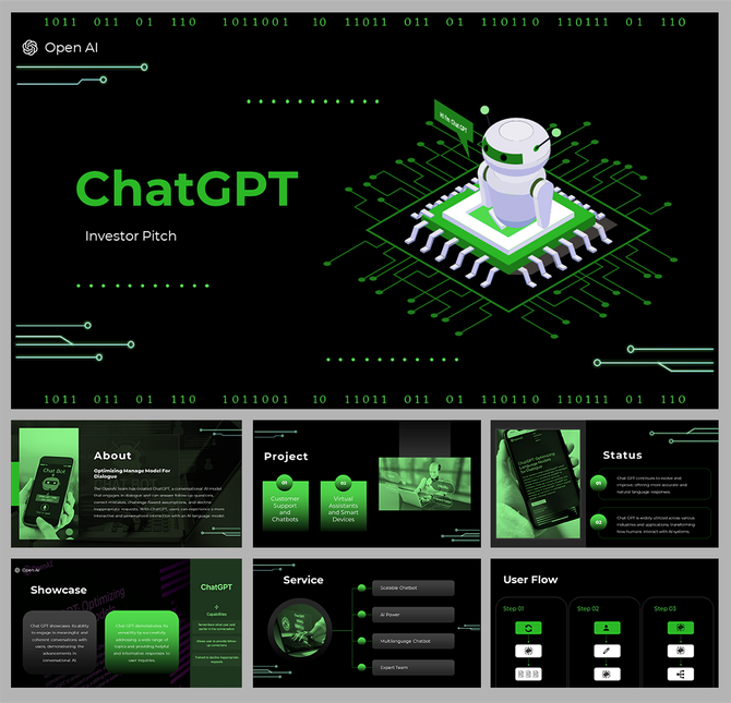 Investor pitch deck slides featuring ChatGPT with green circuit board elements and robot illustrations on a dark backdrop.