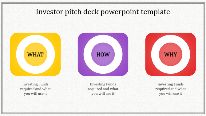 Three circular diagrams in yellow, purple, and red for investor pitch deck placed in white background.