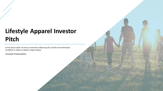 Title slide of an investor pitch presentation for lifestyle apparel, with a photo of a family walking together in a field.