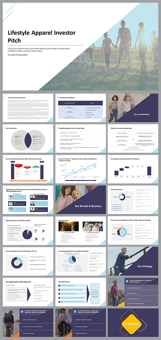 Pack of 25 slides layout for a lifestyle apparel pitch, including visuals, charts, strategies, and branding highlights.
