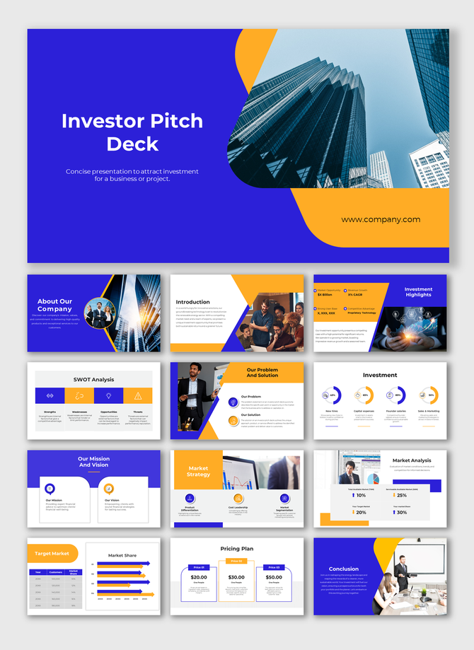 Investor pitch deck slides with blue and orange design elements and business images placed in a white background.