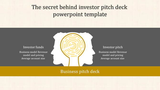 Investor pitch deck slide with two overlapping head silhouettes, featuring a maze graphic and business details.