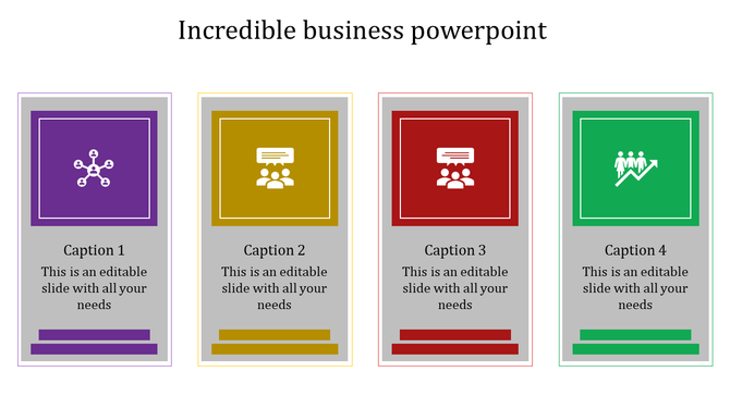 Business slide with four vertical colored boxes in purple, gold, red, and green, each with an icon and text.