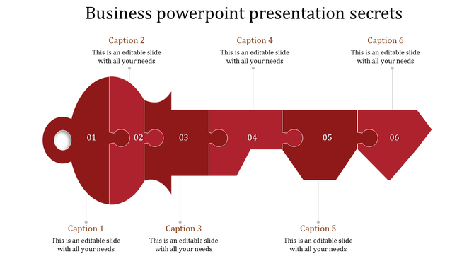Key shaped diagram for business secrets with six numbered interlocking puzzle pieces and descriptive captions.