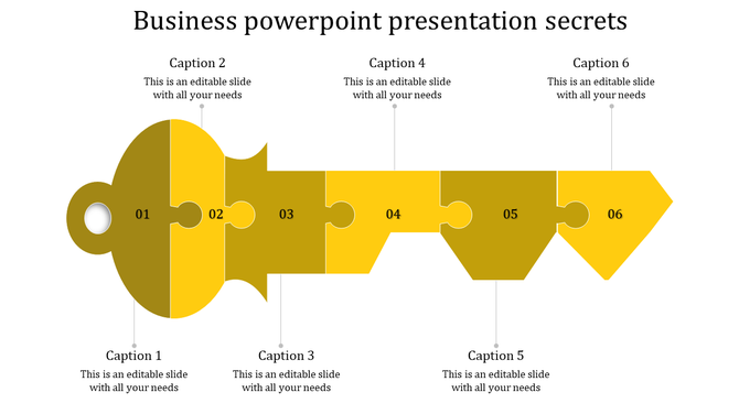 Business presentation slide featuring a large key shape divided into six puzzle pieces, colored in shades of yellow.