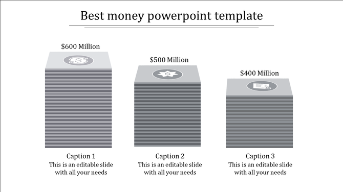 Money representation PPT slide with three stacked bill icons, each labeled with a different value with icons and captions.