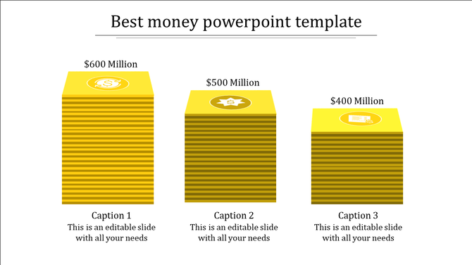 Three orange stacked blocks representing $600M, $500M, and $400M with money icons on top placed in a white background.