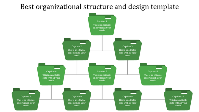 Pyramid style org chart with ten green folder icons representing positions, connected by black lines on a white background.