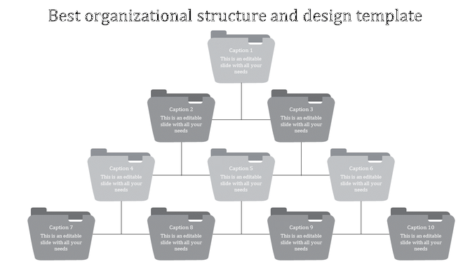 A PowerPoint template for organizational structure, featuring a flow of gray folders with captions for each section.
