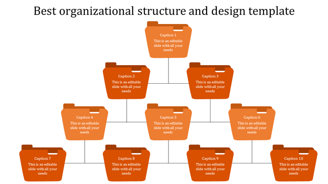 Company structure diagram with blue folder icons connected in a hierarchical layout across four tiers.
