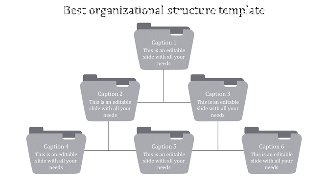 An organizational structure PPT template displaying six grey folders with space for titles and text.