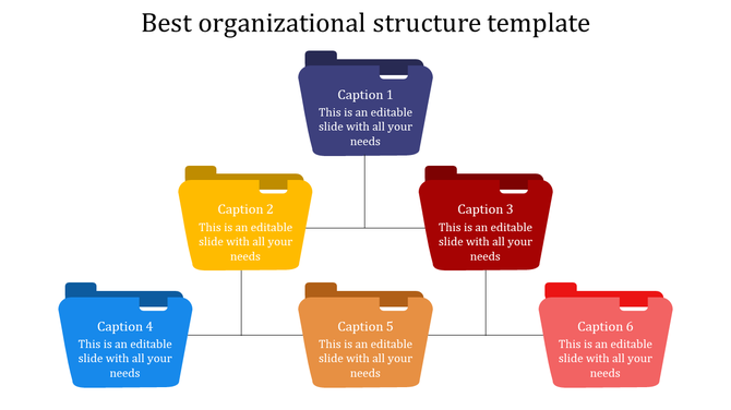 Colorful organizational structure with six folders in purple, yellow, red, blue, orange, and pink, connected by lines.