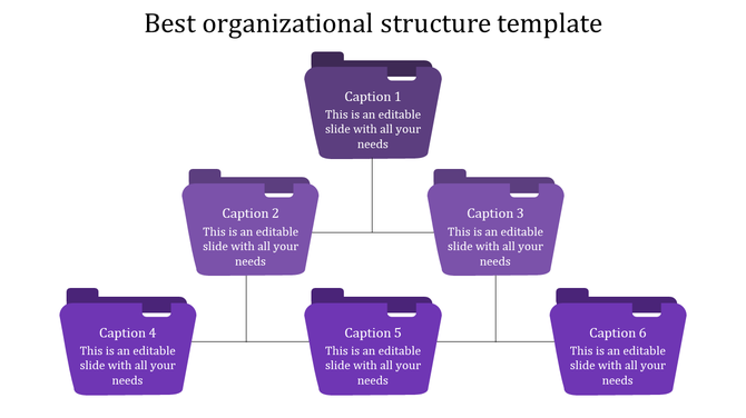 Organizational structure slide with a hierarchy of six purple folder icons arranged in a flowchart format.