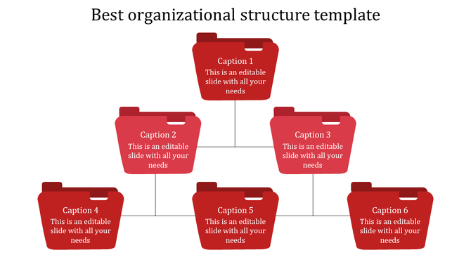 Hierarchical chart with six red folder shaped icons, black connecting lines, and a structured layout on a white background.
